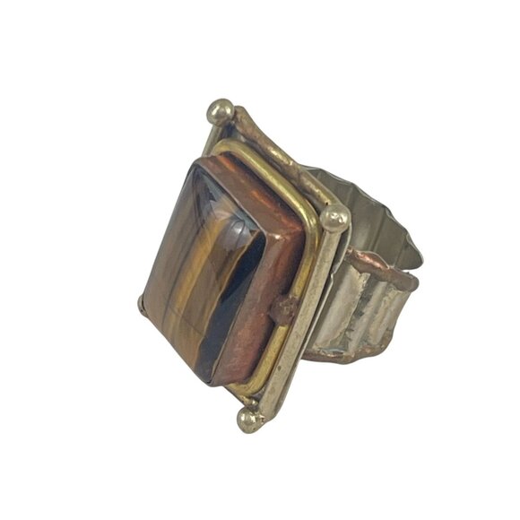 Vintage Gold-Plated Statement Ring With Rectangular Tigers Eye Gemstone & Adjust - Picture 5 of 9